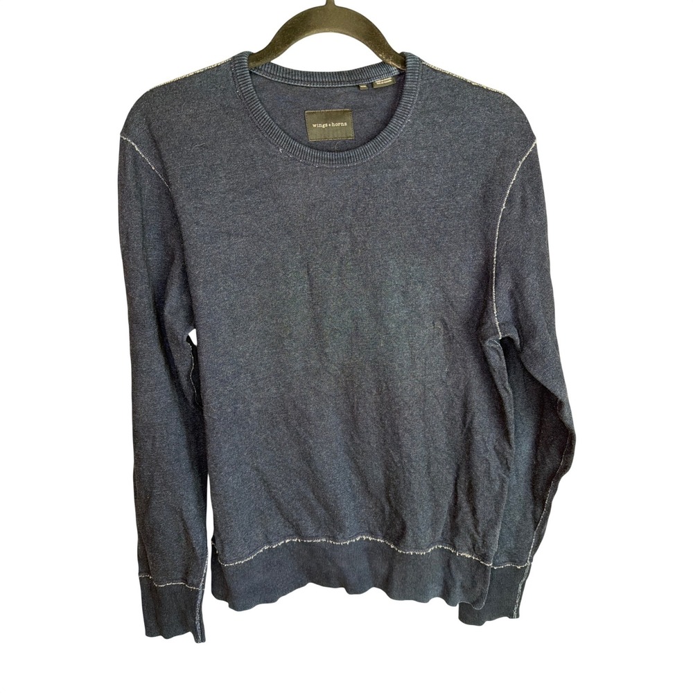 Wings + Horns Mens Indigo Blue Cotton Crewneck Sweatshirt Made in Canada Size M